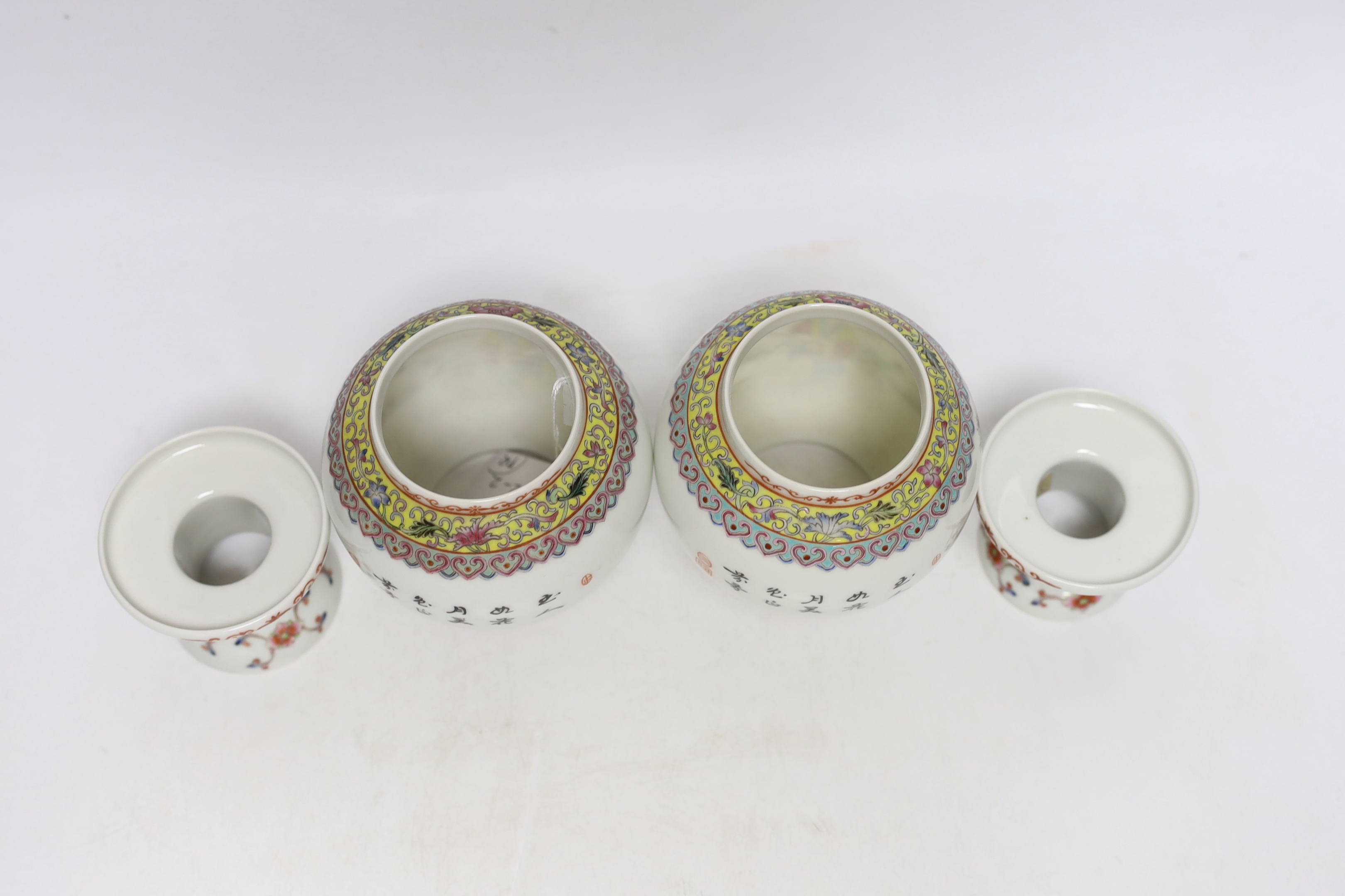 A pair of Chinese famille rose small lanterns on stands, mid 20th century, 16cm high